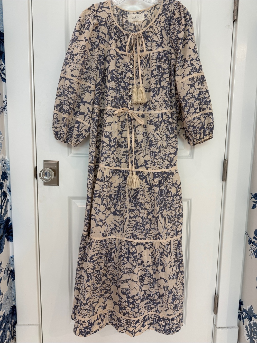 THE GREAT. Beige and Navy Floral Tiered Tassel Maxi Dress